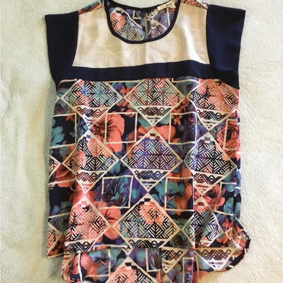 PAPAYA BLOUSE Medium Caps sleeve navy blue floral 100% light cool polyester. - Picture 1 of 7